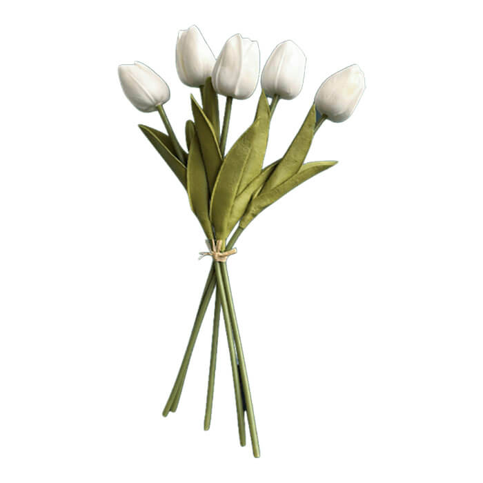 No centro, buque de tulipas brancas com hastes verdes em fundo branco