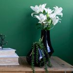 Mini cena. Mesa de madeira decorado na esquerda com caixa livro , direita com dois arranjo de lirios branco e suculenta suspensa em vasos de ceramica preta brilhante. Itens em fundo verde