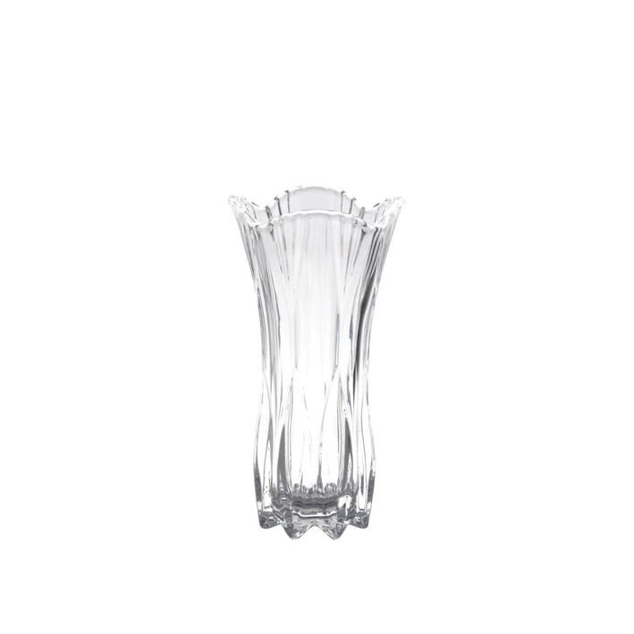 No centro, vaso de vidro transparente em formato de tupila em fundo branco