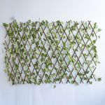 No centro, imagem completa da treliça aberta de madeira com folhagem artificial de hera para muro verde em fundo azul