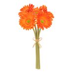 No centro, arranjo artificial com 5 flores de gerbera laranja arrematas em sisal em fundo branco