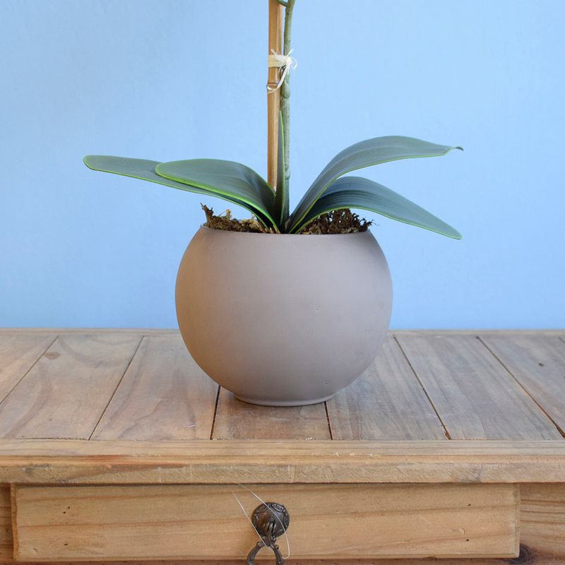 No centro, foco aproximado do vaso redondo fendi fosco com folhagem e haste de orquidea apoiado sobre aparador de madeira com gaveta em fundo branco