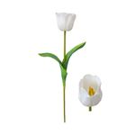 No centro, flor de tulipa artificial branca com duas folhas e haste. Na parte inferior, foco aproximado do botão aberto de tulipa artificial branca com miolo amarelo. Itens em fundo branco