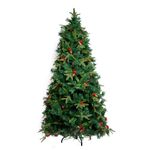 No centro, arvore artificial de natal tipo pinheiro e arranjos de berry e pinhas aplicadas nos galhos em fundo branco