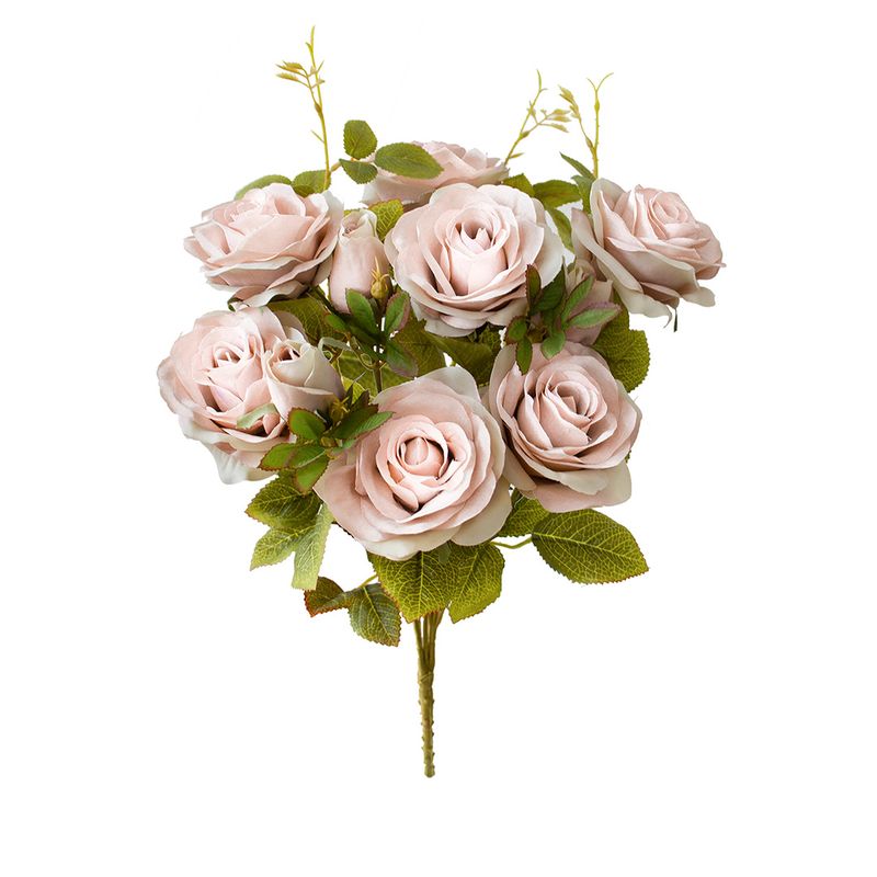No centro, buque artificial de rosas com 7 flores e um botao na cor rosa chá em fundo branco