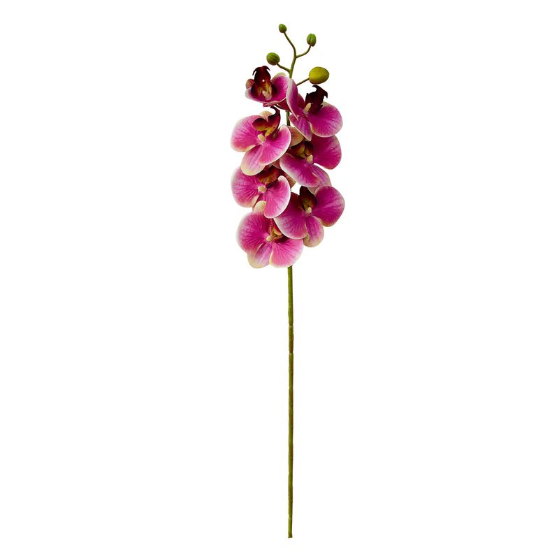 No centro, arranjo de orquidea artificial pink com 7 flores abertas e 4 botoes em fundo branco