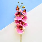Foco aproximado das 7 flores e 4 botoes do arranjo de orquideas artificiais pink em fundo azul e branco