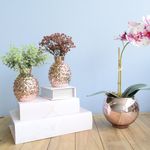 No lado esquerdo,  dois arranjo de eucalipto verde e flor mosquitinho marsala, ambos artificiais em vasos em formato de moringa de vidro espelhado rose gold apoiado sobre caixa livro branca. Lado direito, arranjo de orquidea rosa em vaso redondo rose. Todos os itens em fundo azul