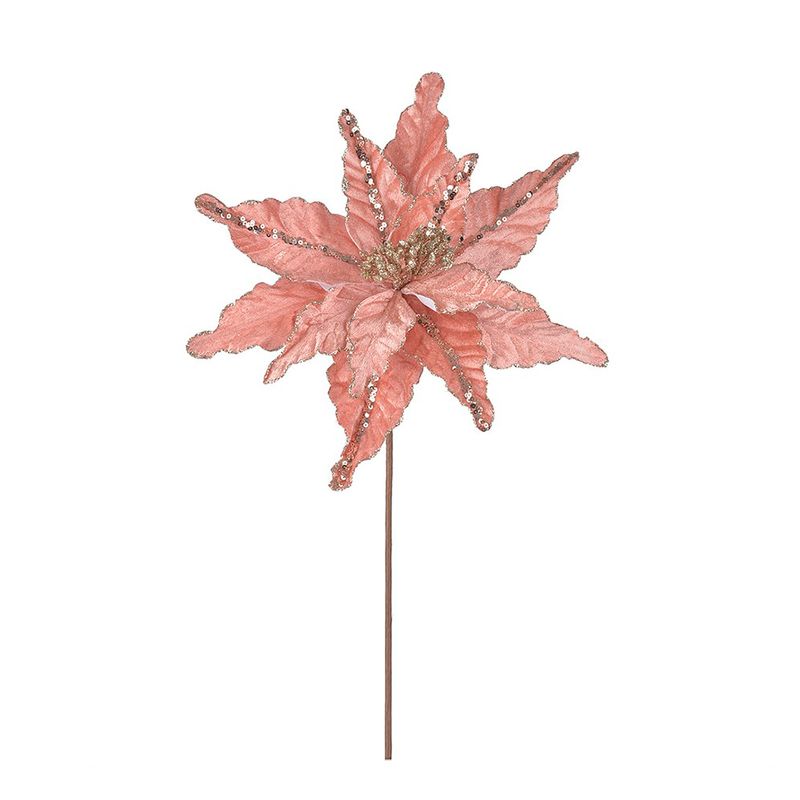 No centro, flor de natal tipo bico de papagaio na cor rosa claro com detalhes em glitter e lantejoula prata em fundo branco