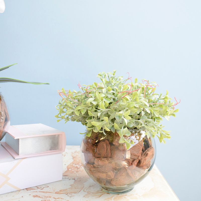 Do lado esquerdo caixa livro. Do lado direito, arranjo de peperomia artificial em vaso redondo de vidro transparente preenchido com casca de pinus. Itens apoiados sobre mesa efeito marmore em fundo azul